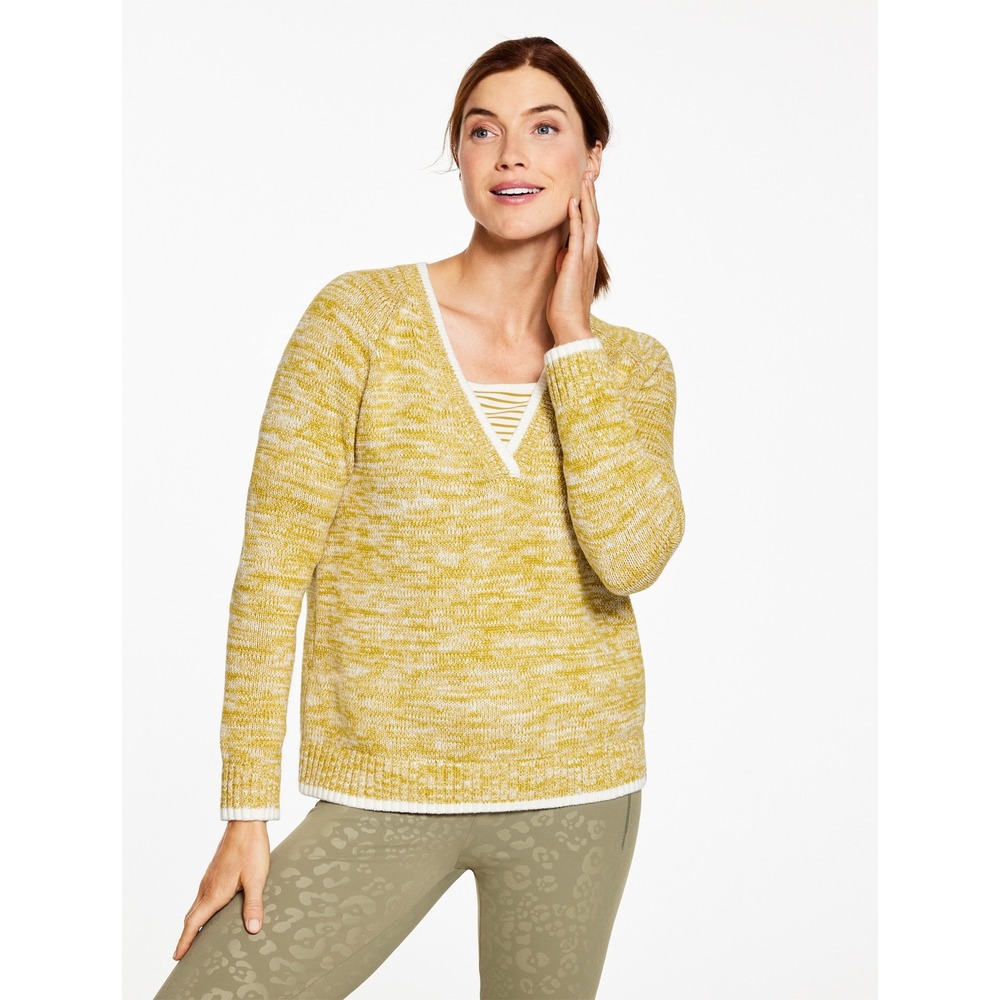 T by Talbots Womens Yellow White Space Dye V-Neck Raglan Sweater Large W1100